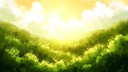 Obraz premium Watercolor Sunbeams Through Lush Green Forest Canopy