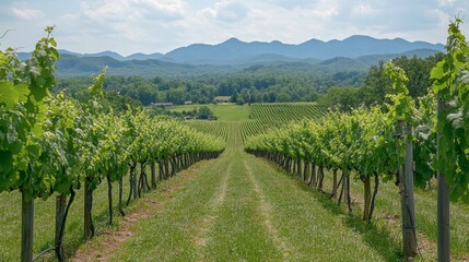 Naklejka premium The lush vineyards at GranMonte Vineyard and Winery, with scenic views of the surrounding mountains.