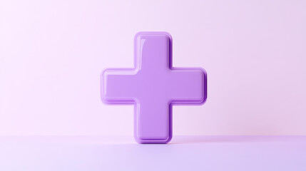 Fototapeta premium A simple, cartoon-style purple plus sign stands out against a white background. It represents first aid and healthcare, and symbolizes emergency help.
