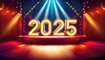 new year 2025 on stage background, holiday celebration card with copy space for text