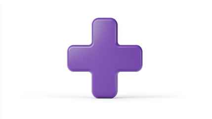 A simple, cartoon-style purple plus sign stands out against a white background. It represents first aid and healthcare, and symbolizes emergency help.