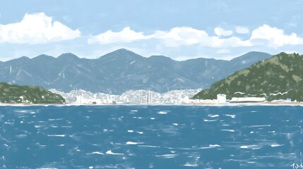Obraz premium Blue Ocean with Mountains and Cityscape in Background