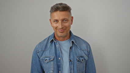 Handsome middle-aged man in denim shirt smiling against isolated white background
