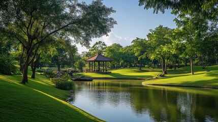 Fototapeta premium The peaceful and green surroundings of Thao Suranaree Memorial Park in the heart of Korat.