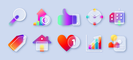 Transparent matte glass morphism ui icon set with neon gradient. Realistic modern 3d frosted buttons of business growth graph, price tag, time, thumbs up and magnifying glass for website or mobile app