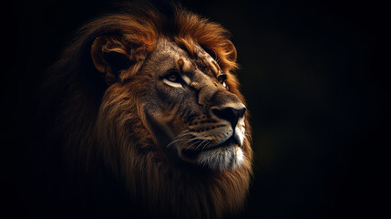 Naklejka premium A lion is staring at the camera with a dark background. The lion's face is the main focus of the image, and it is looking directly at the viewer. The dark background adds a sense of mystery