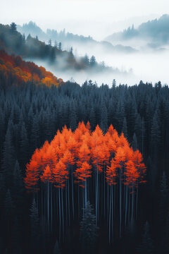 Foto de un paisaje oto&ntilde;al de monta&ntilde;a matutino cubierto de neblina de un d&iacute;a gris, donde destaca un grupo de pinos de troncos muy altos en frente del resto del bosque, en color naranja, fondo vertical 