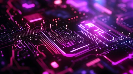 A Close-Up View of a Futuristic Circuit Board with Glowing Pink and Purple Lines