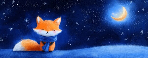 Fototapeta premium A cute, fluffy fox wrapped in a blue scarf, standing happily under a starry sky with a warm, glowing moon.