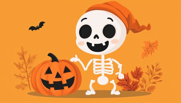 A cute skeleton with a big grin, dressed in a cozy orange hat, holding a smiling pumpkin, perfect for a fun and family-friendly Halloween scene.