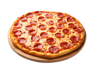 a pepperoni pizza on a wooden platter