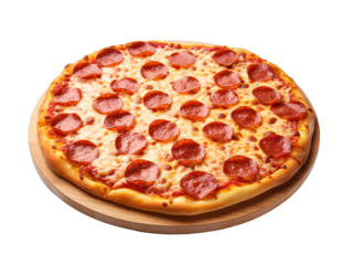 a pepperoni pizza on a wooden platter