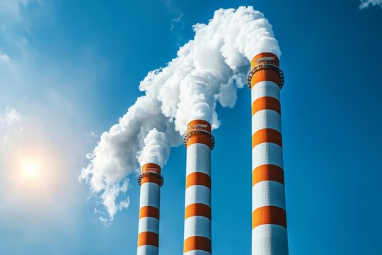 Industrial smokestacks emitting white clouds against a clear blue sky.
