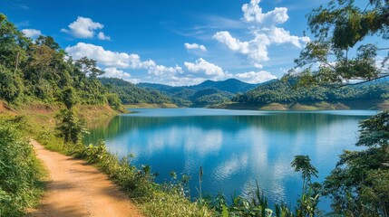Fototapeta premium The peaceful Lam Takhong Reservoir with the reflection of the blue sky on the water.