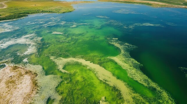 Aerial view of vibrant green waters with algae, showcasing the beauty of natural ecosystems.