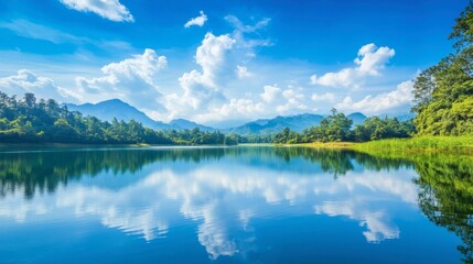 Fototapeta premium The peaceful Lam Takhong Reservoir with the reflection of the blue sky on the water.