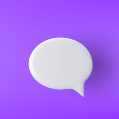 3D white ellipse speech bubble icon on a purple background.