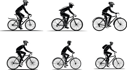 Obraz premium Bicycle Riding Silhouette Set. Collection of Bicycle Rider on Isolated White Background.