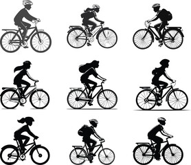 Obraz premium Bicycle Riding Silhouette Set. Collection of Bicycle Rider on Isolated White Background.