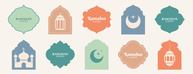 Set of islamic shape windows in oriental style. Old mosque doors, arabic frames or arabian arches silhouette. Muslim architecture geometric gate portal, moroccan minimal arcs and ramadan kareem font