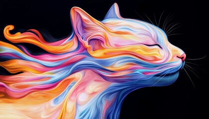 A majestic cat with a kaleidoscope of vibrant colors flowing through its fur, each hue blending seamlessly into the next, radiating energy and life.