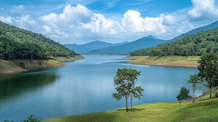 Fototapeta premium The serene lake and green surroundings at Lam Takhong Dam, a peaceful retreat.