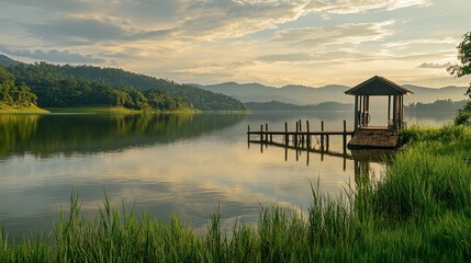 Fototapeta premium The serene lake and green surroundings at Lam Takhong Dam, a peaceful retreat.