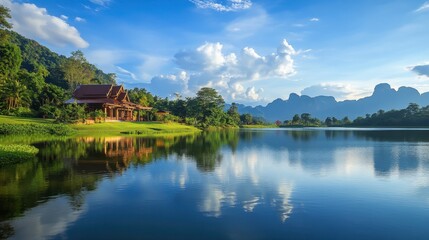 Fototapeta premium The serene lake and green surroundings at Lam Takhong Dam, a peaceful retreat.