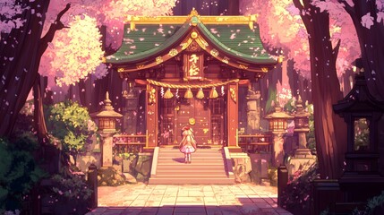 Traditional Japanese Shrine with Cherry Blossoms