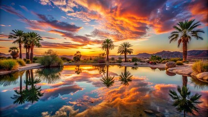 Palm Trees Reflecting Sunset Colors In Still Water