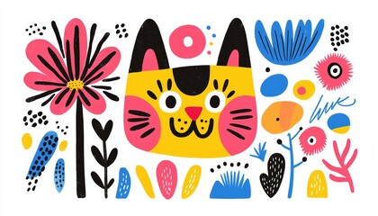 A playful illustration of a cat face framed by bold, colorful flowers, using geometric shapes and symmetry for a modern, folk-art aesthetic.