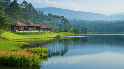 Obraz premium The serene lake and green surroundings at Lam Takhong Dam, a peaceful retreat.