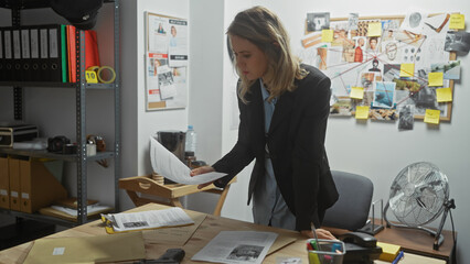A focused young woman detective analyzes evidence in a cluttered office at an indoor police station.