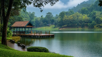 Obraz premium The serene lake and green surroundings at Lam Takhong Dam, a peaceful retreat.