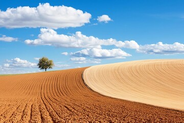 Naklejka premium Scenic agricultural landscape with a single tree against a blue sky and rolling hills.
