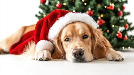 Santa dog! A Golden Retriever in a Santa suit lies in front of a festive Christmas tree. Free white background space for custom holiday text or greetings.