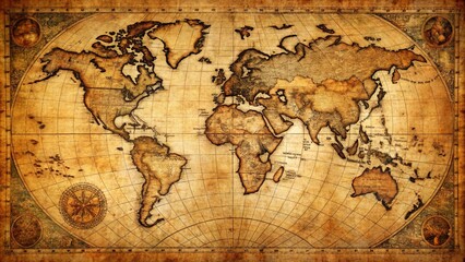 Aged World Map with Compass Rose and Grid Lines