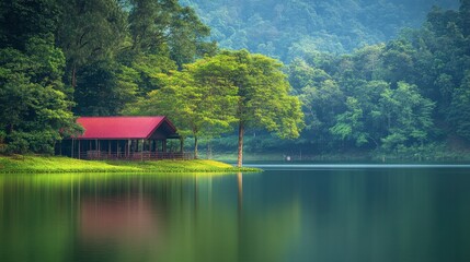 Obraz premium The serene lake and green surroundings at Lam Takhong Dam, a peaceful retreat.