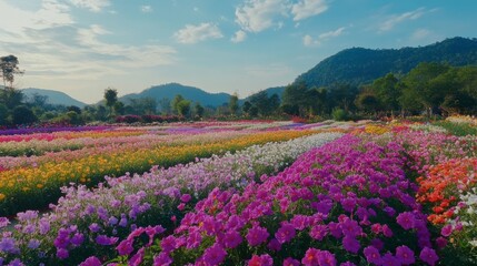 The stunning flower beds at Flora Park Wang Nam Khiao, with colorful blooms as far as the eye can see.