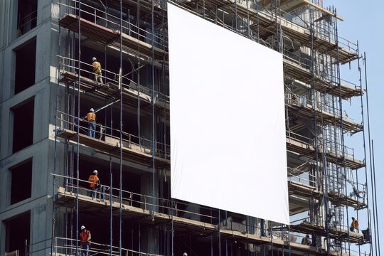 Large blank banner on a high-rise construction scaffold