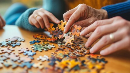 Close-up of hands placing puzzle pieces on a wooden table