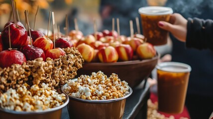 Caramel Apples, Popcorn, and Beverages at a Fall Festival