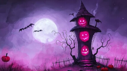A tall, twisted haunted house with glowing pumpkin faces in the windows, surrounded by a spooky fence and bats flying in front of a full Halloween moon.