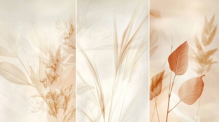Soft, artistic representation of leaves and plants in warm, neutral tones.