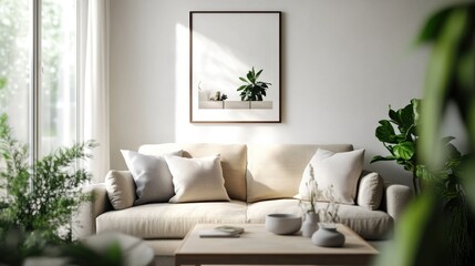 A cozy living room with a sofa, coffee table, and indoor plants, creating a serene atmosphere.