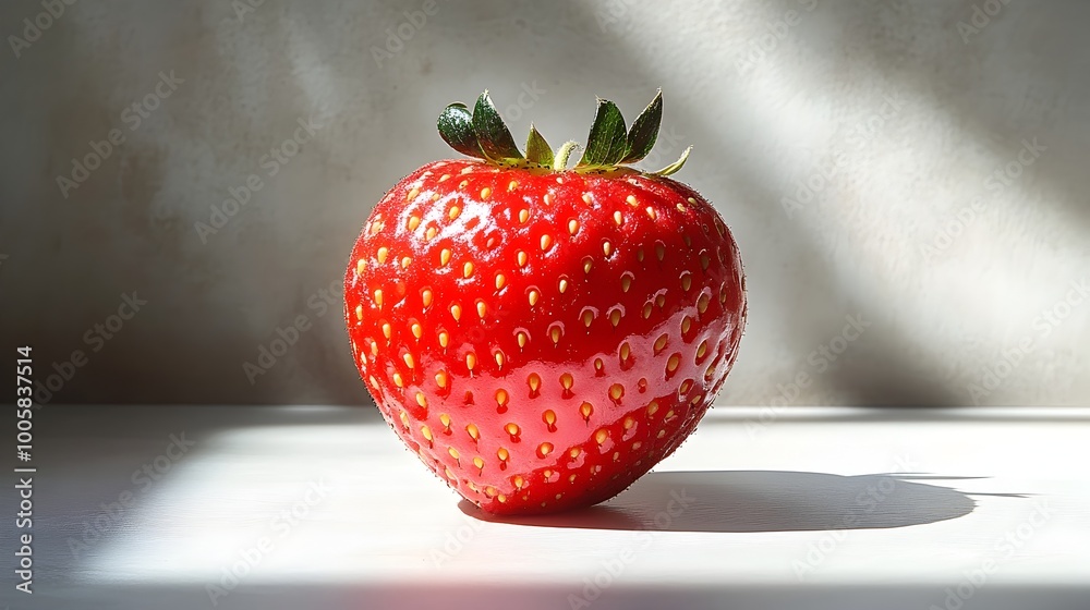 Poster closeup image of a single,fresh and ripe strawberry fruit against a textured background with natural
