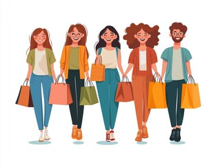 Obraz premium Happy shoppers carrying bags with sale text on Black Friday, illustration on white background