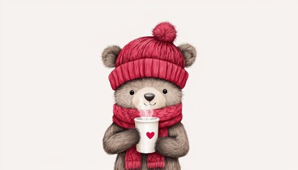 Fototapeta premium Adorable, chubby bear wrapped in a warm scarf and hat, sipping a hot drink on a chilly day.
