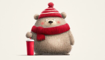Adorable, chubby bear wrapped in a warm scarf and hat, sipping a hot drink on a chilly day.