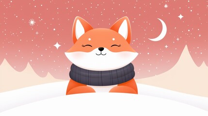 Adorable fox wearing a cozy scarf, surrounded by stars and a crescent moon, set against a soft night sky.